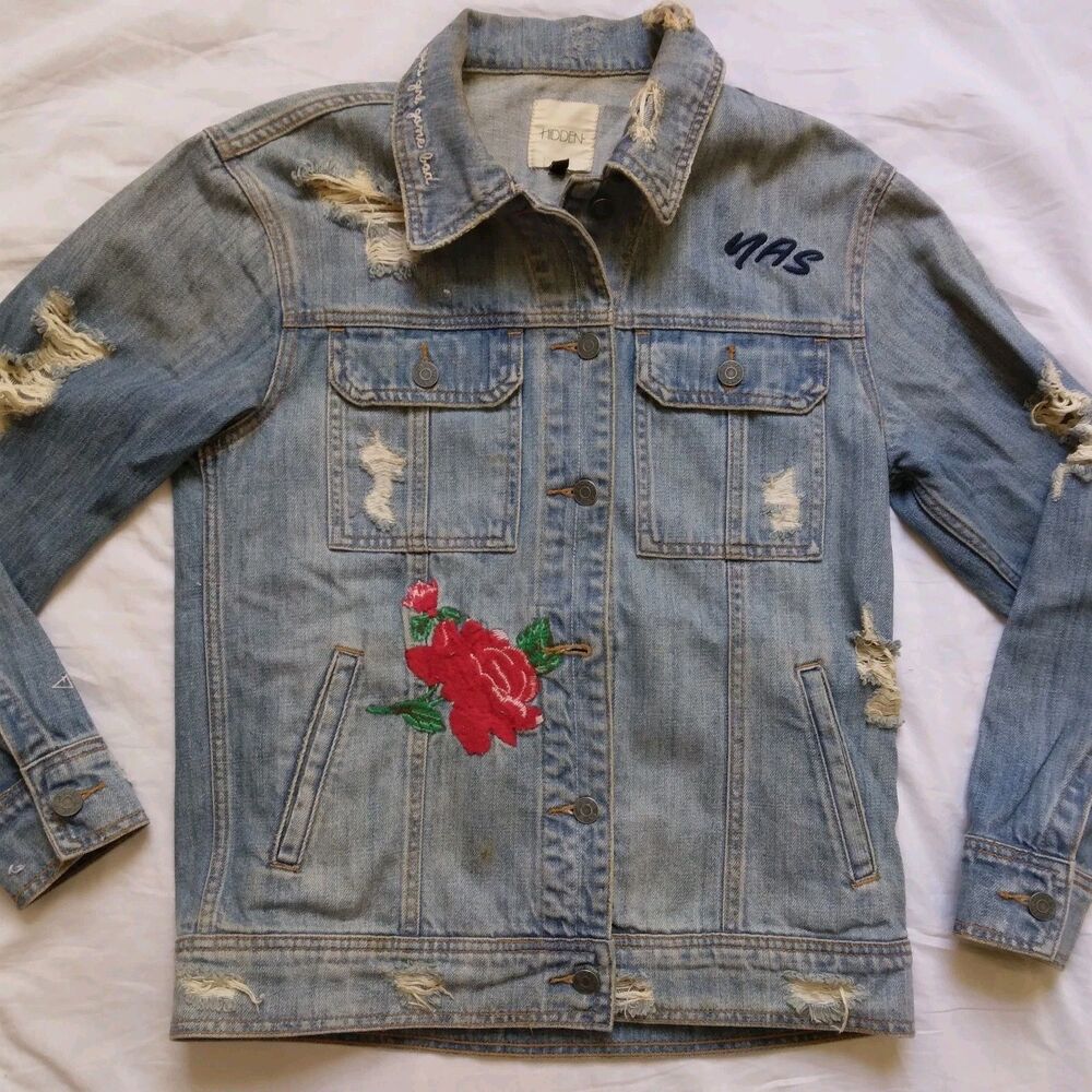 Hidden Embroidered Distressed Denim Jean Jacket Grunge Y2K Women's Size XS - Picture 2 of 16